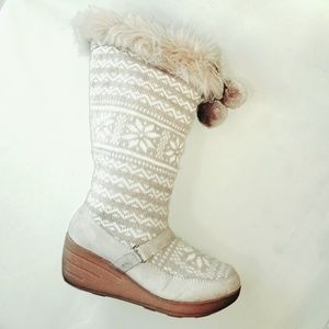 Gray and White Knit Boots